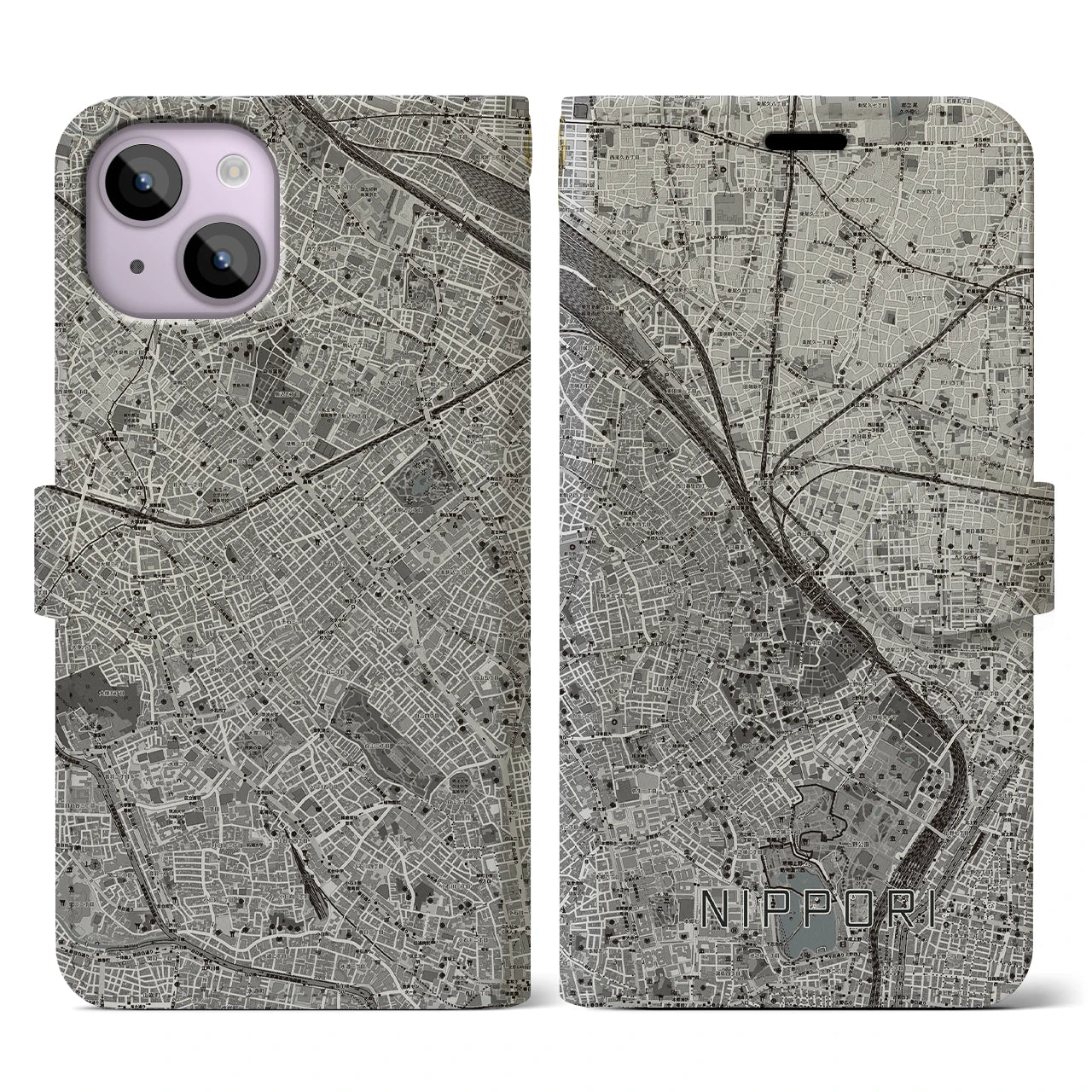 【日暮里(東京都)】地図柄iPhoneケース(手帳タイプ)モノトーン・iPhone 14 用