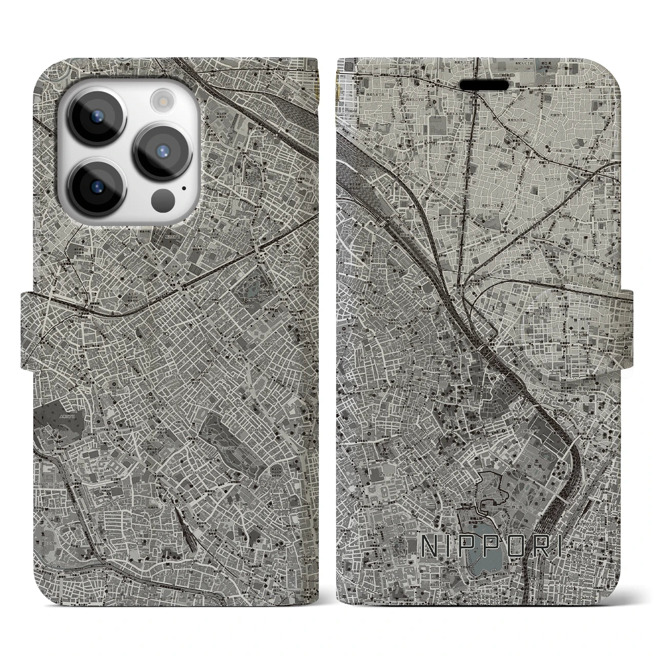 【日暮里(東京都)】地図柄iPhoneケース(手帳タイプ)モノトーン・iPhone 14 Pro 用