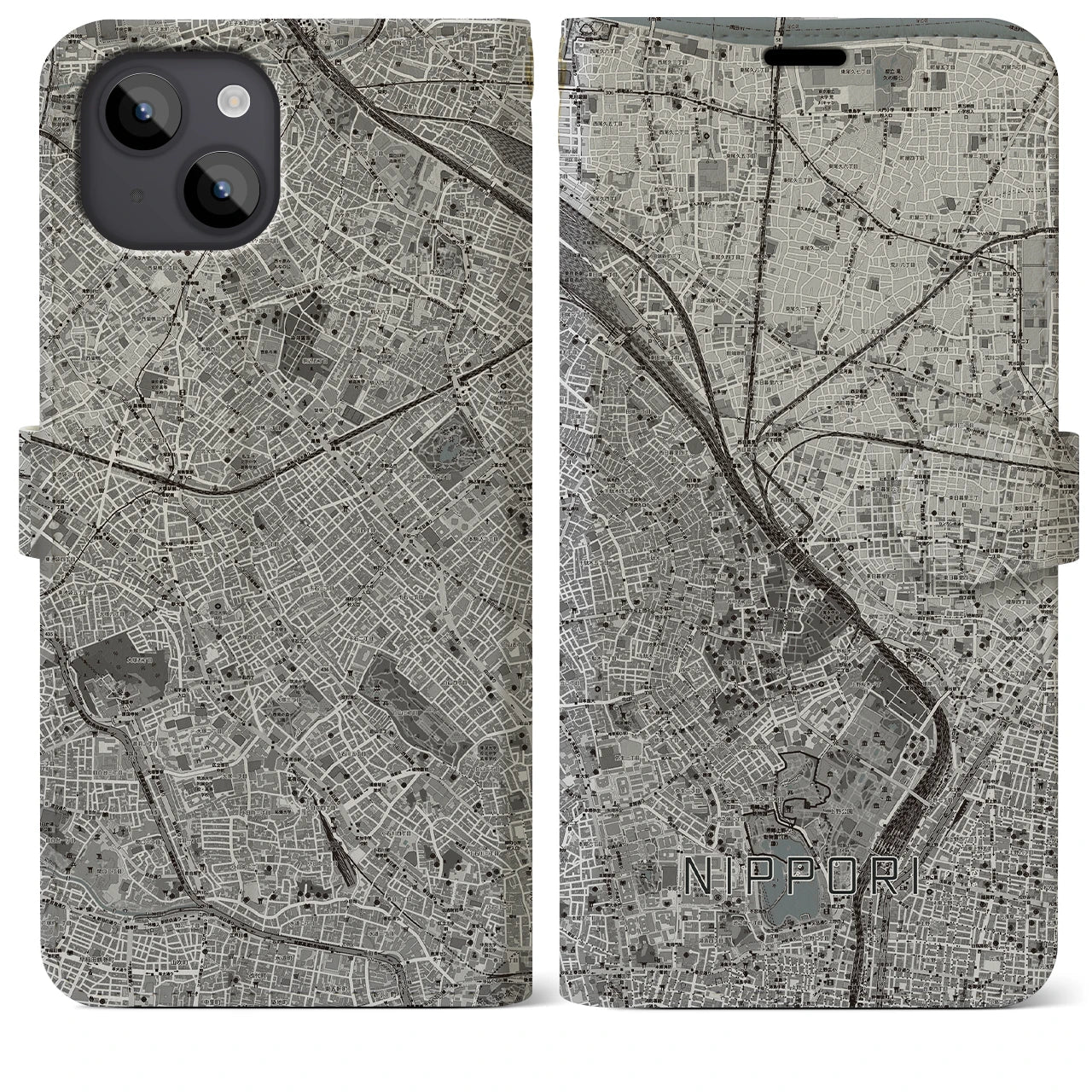 【日暮里(東京都)】地図柄iPhoneケース(手帳タイプ)モノトーン・iPhone 14 Plus 用