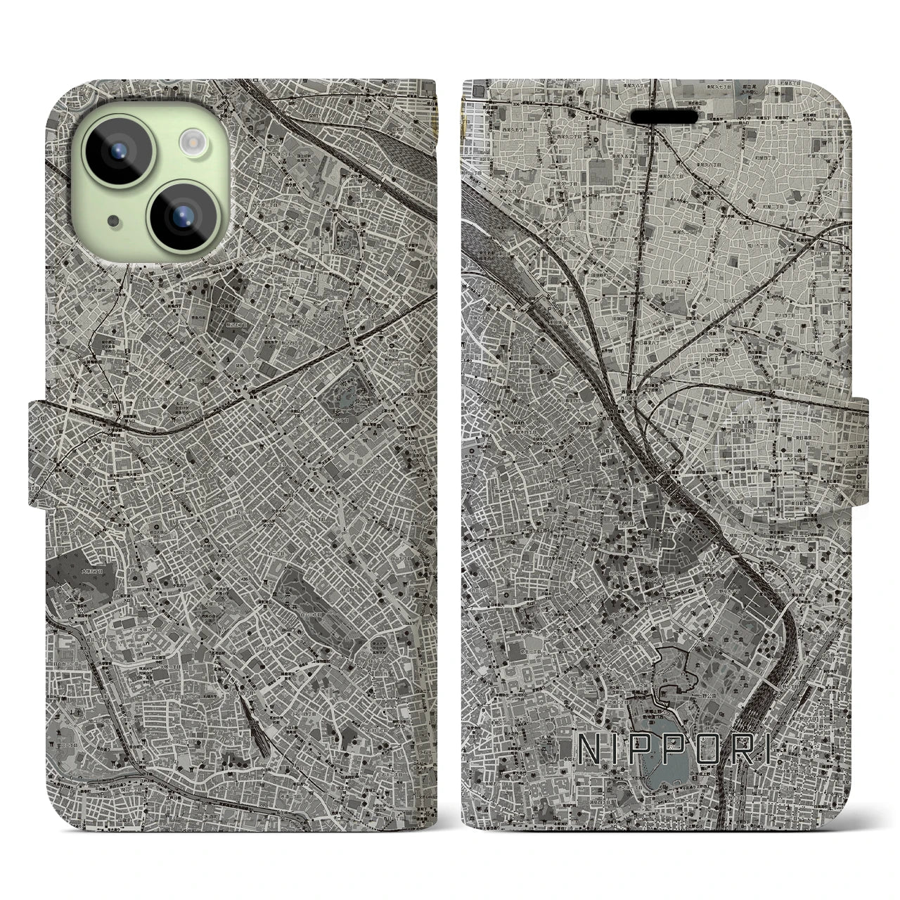 【日暮里(東京都)】地図柄iPhoneケース(手帳タイプ)モノトーン・iPhone 15 用