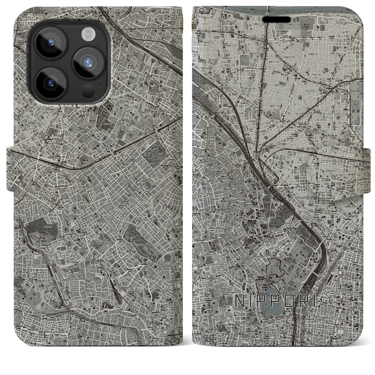 【日暮里(東京都)】地図柄iPhoneケース(手帳タイプ)モノトーン・iPhone 15 Pro Max 用