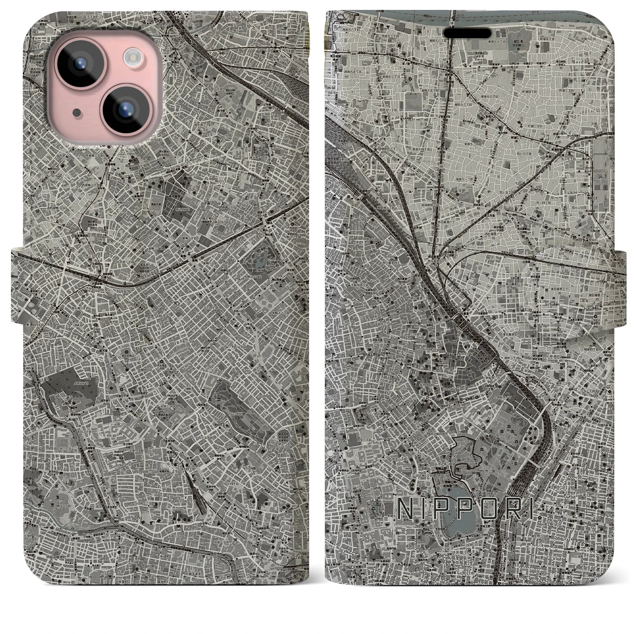 【日暮里(東京都)】地図柄iPhoneケース(手帳タイプ)モノトーン・iPhone 15 Plus 用