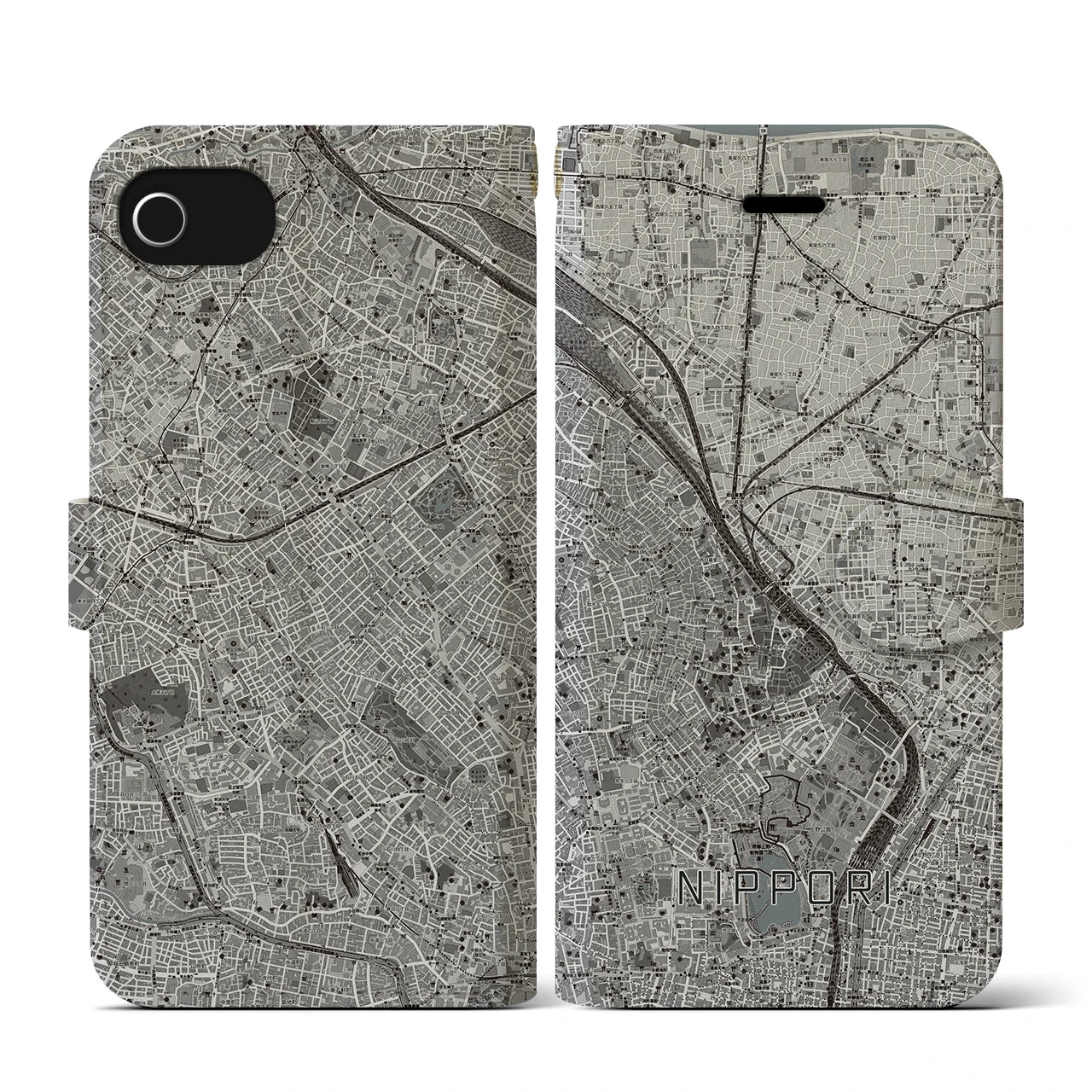 【日暮里(東京都)】地図柄iPhoneケース(手帳タイプ)モノトーン・iPhone SE(第3 / 第2世代) / 8 / 7 / 6s / 6 用