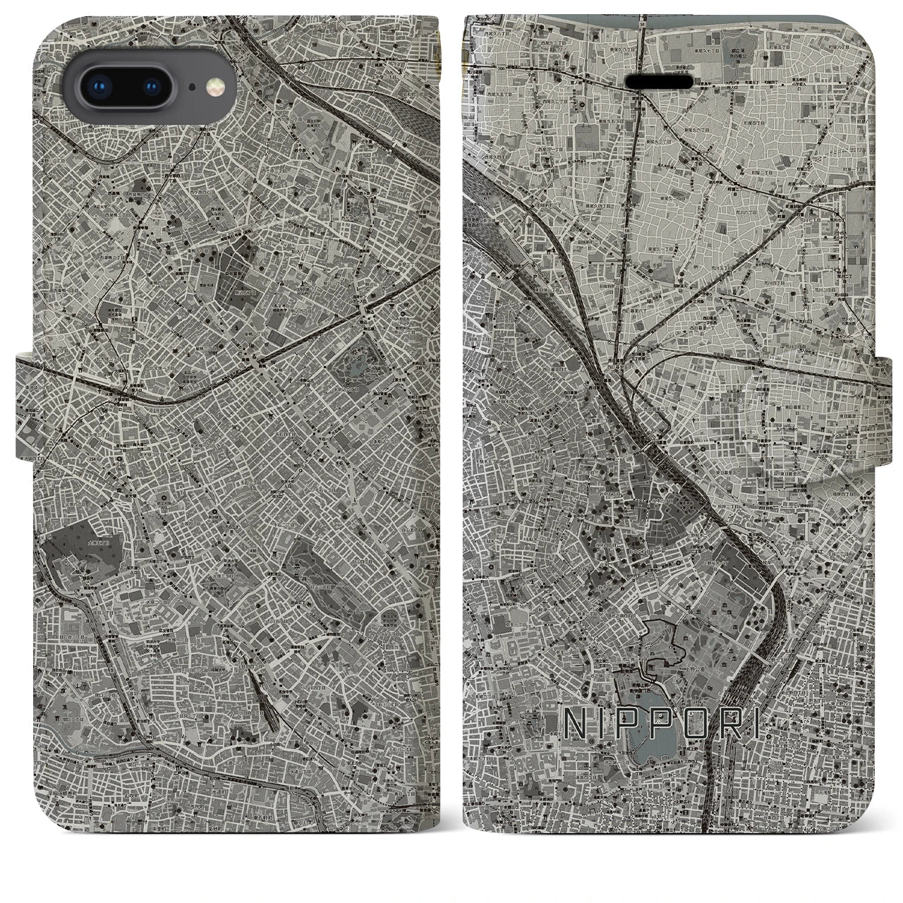 【日暮里(東京都)】地図柄iPhoneケース(手帳タイプ)モノトーン・iPhone 8Plus /7Plus / 6sPlus / 6Plus 用