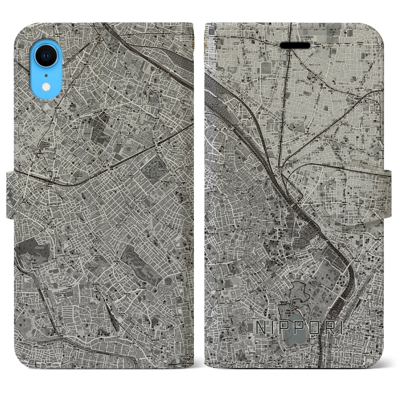 【日暮里(東京都)】地図柄iPhoneケース(手帳タイプ)モノトーン・iPhone XR 用