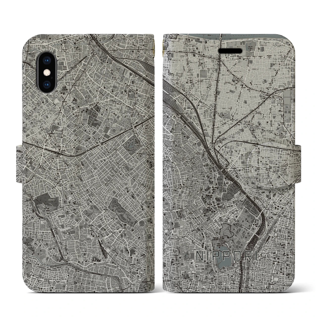 【日暮里(東京都)】地図柄iPhoneケース(手帳タイプ)モノトーン・iPhone XS / X 用