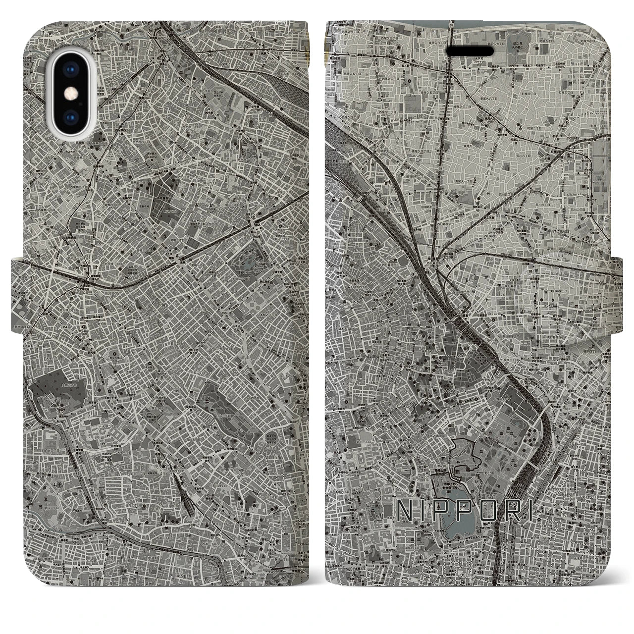 【日暮里(東京都)】地図柄iPhoneケース(手帳タイプ)モノトーン・iPhone XS Max 用
