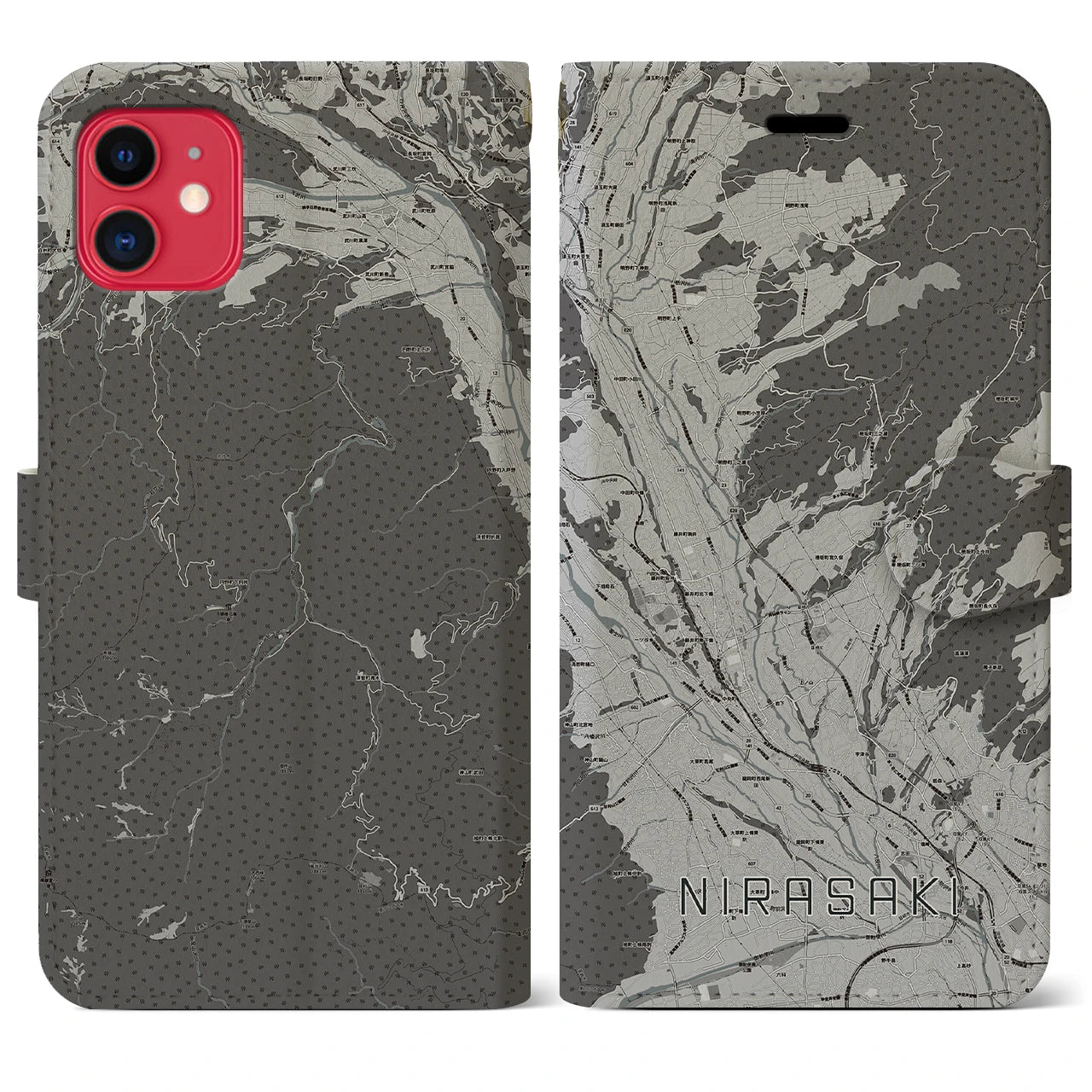 【韮崎(山梨県)】地図柄iPhoneケース(手帳タイプ)モノトーン・iPhone 11 用