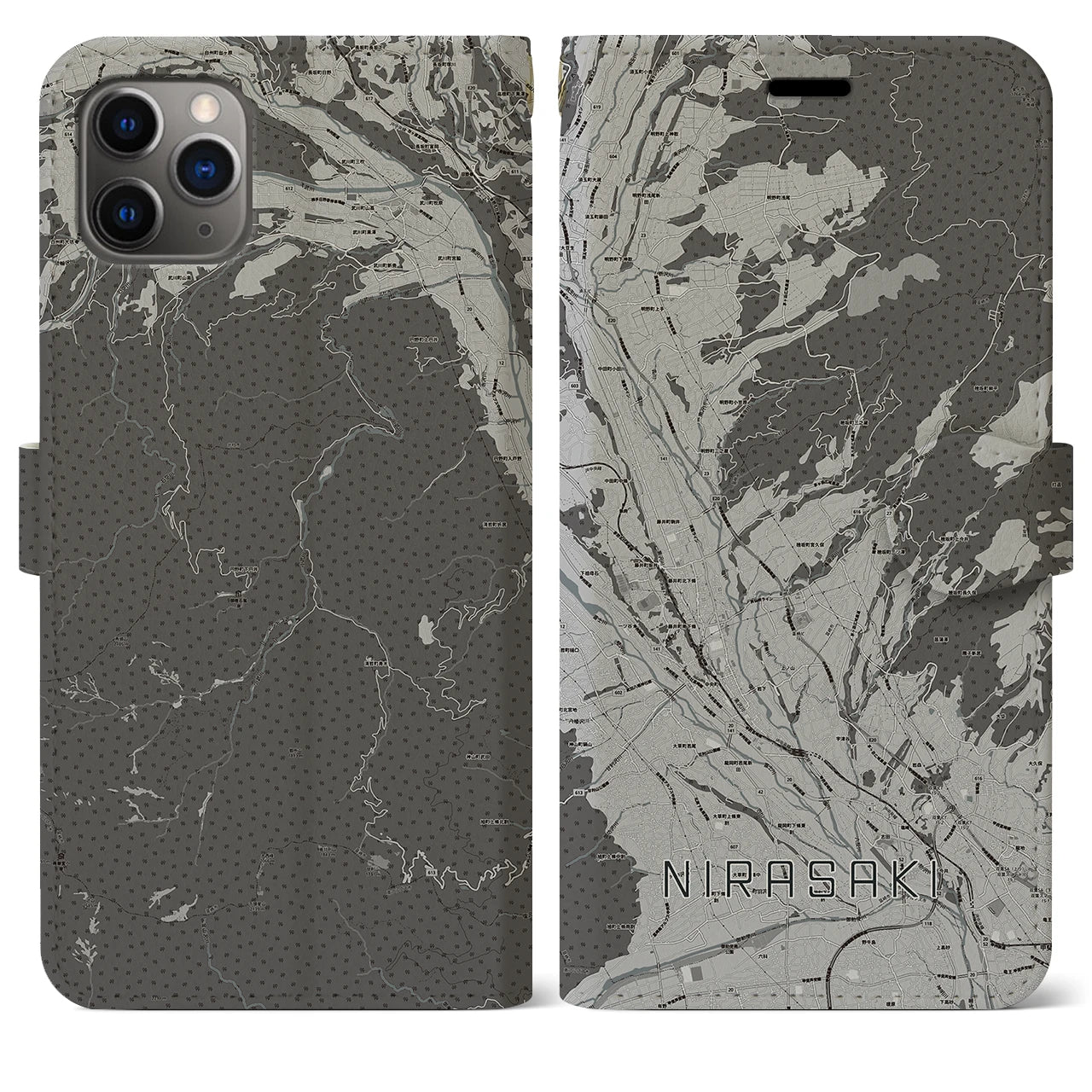 【韮崎(山梨県)】地図柄iPhoneケース(手帳タイプ)モノトーン・iPhone 11 Pro Max 用