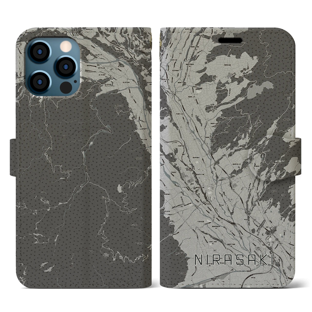 【韮崎(山梨県)】地図柄iPhoneケース(手帳タイプ)モノトーン・iPhone 12 / 12 Pro 用