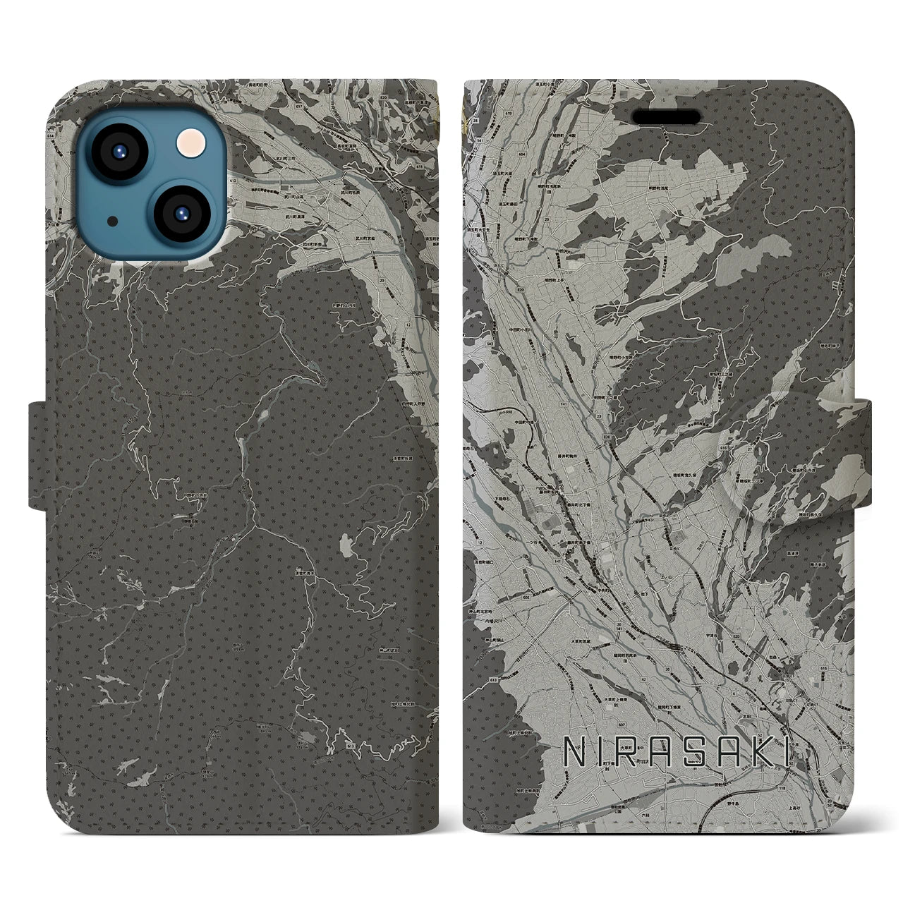 【韮崎(山梨県)】地図柄iPhoneケース(手帳タイプ)モノトーン・iPhone 13 用