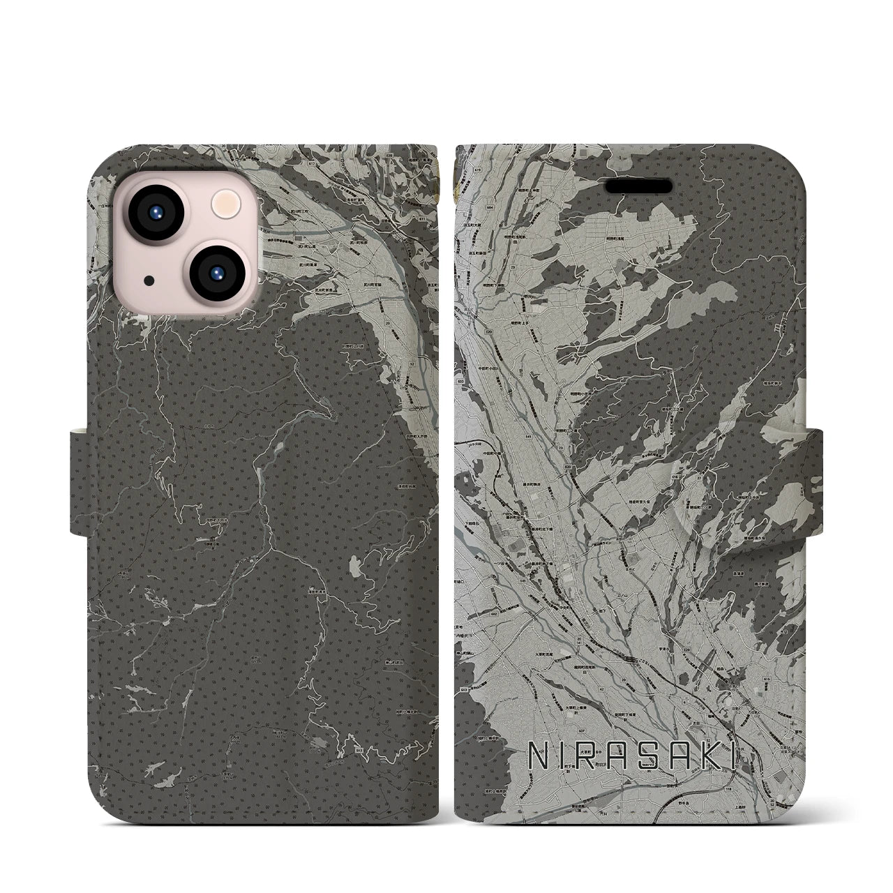 【韮崎(山梨県)】地図柄iPhoneケース(手帳タイプ)モノトーン・iPhone 13 mini 用