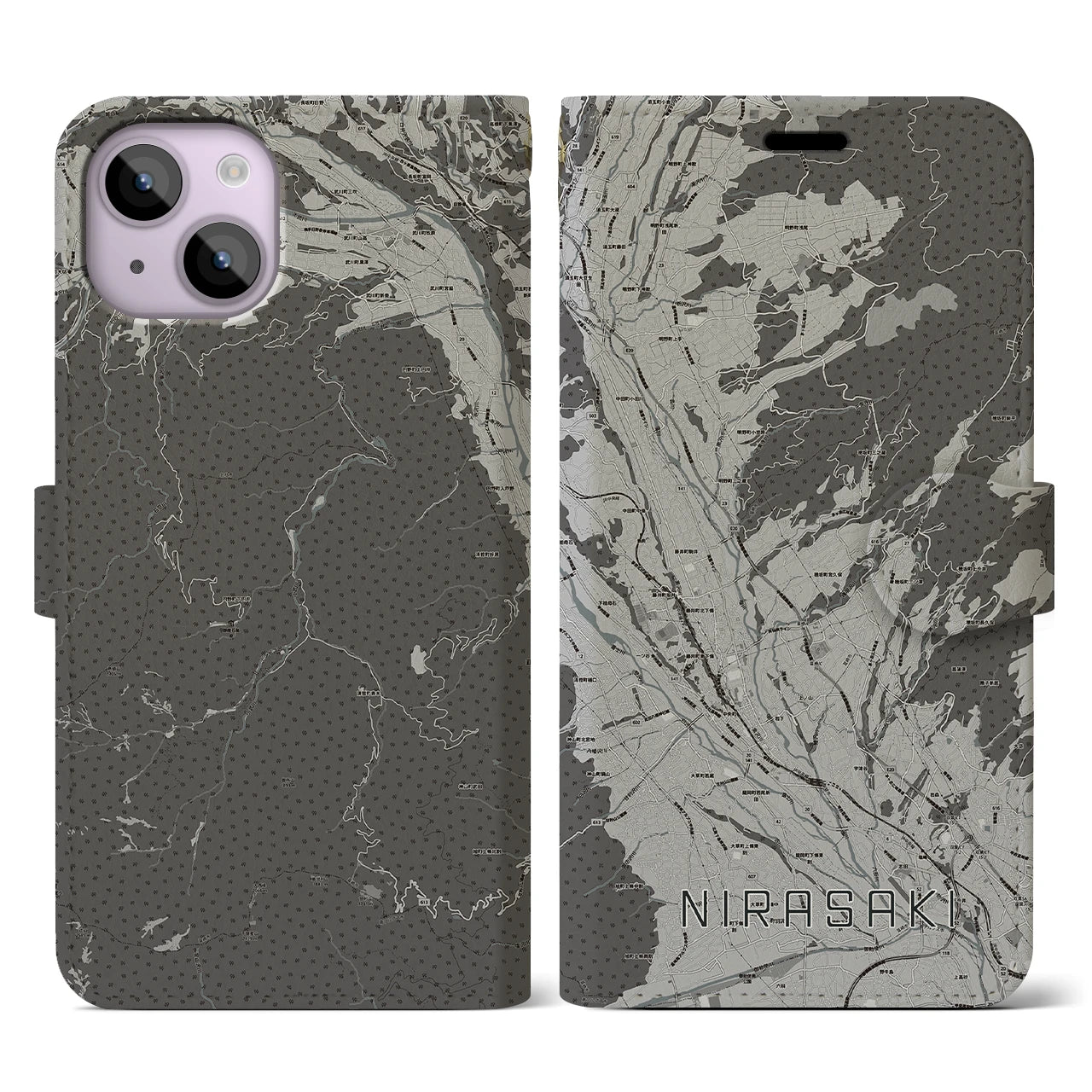 【韮崎(山梨県)】地図柄iPhoneケース(手帳タイプ)モノトーン・iPhone 14 用