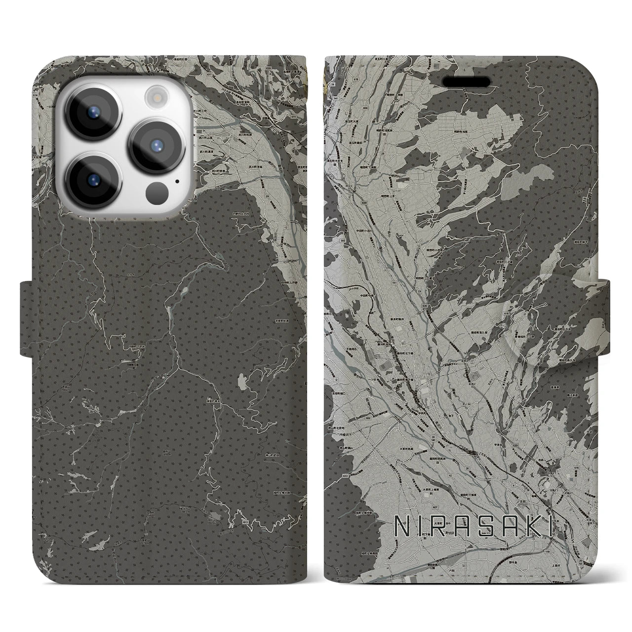【韮崎(山梨県)】地図柄iPhoneケース(手帳タイプ)モノトーン・iPhone 14 Pro 用
