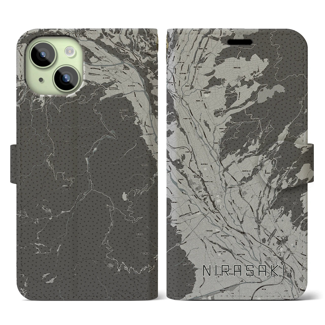 【韮崎(山梨県)】地図柄iPhoneケース(手帳タイプ)モノトーン・iPhone 15 用
