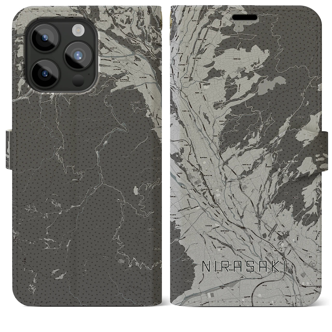 【韮崎(山梨県)】地図柄iPhoneケース(手帳タイプ)モノトーン・iPhone 15 Pro Max 用