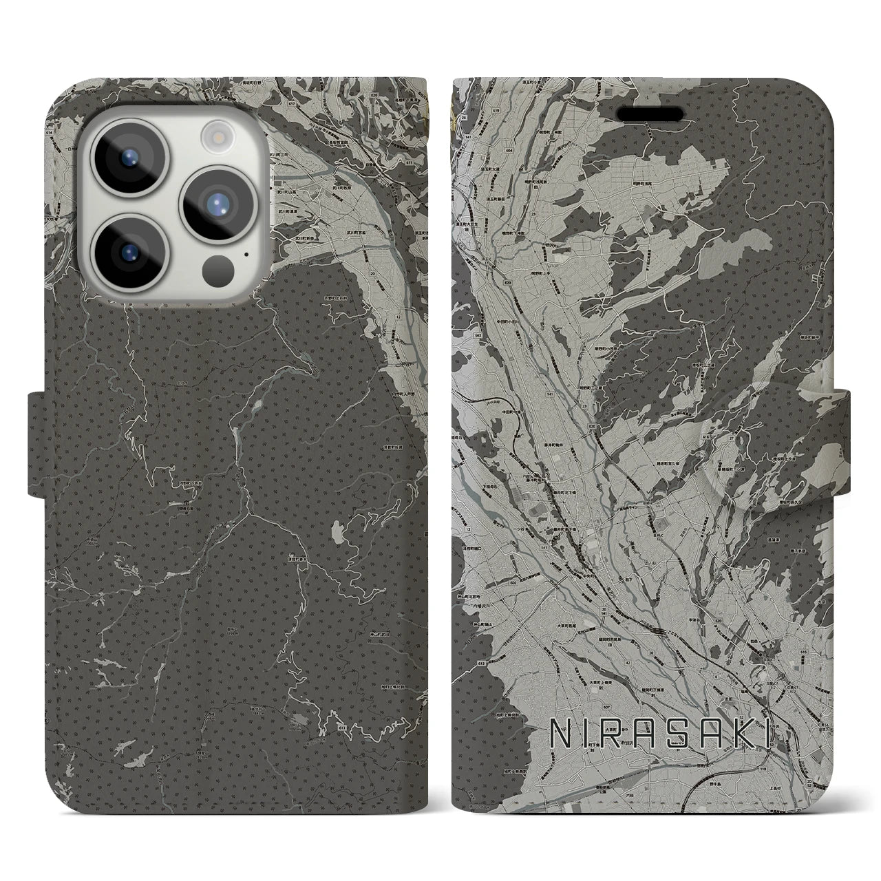 【韮崎(山梨県)】地図柄iPhoneケース(手帳タイプ)モノトーン・iPhone 15 Pro 用