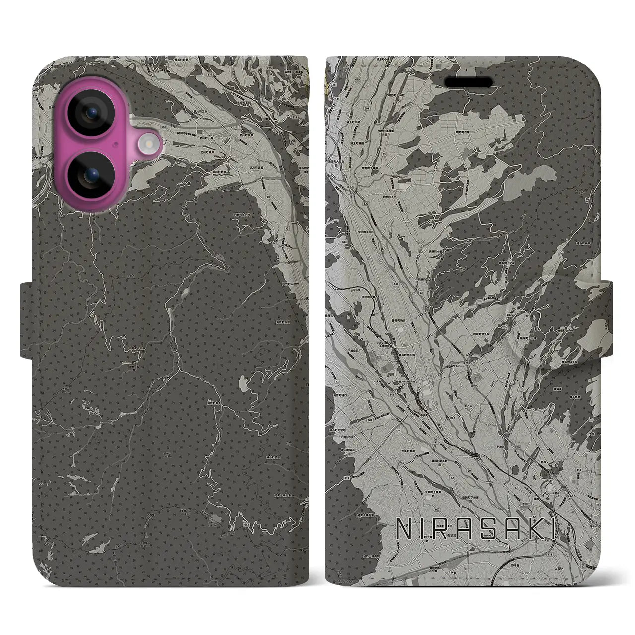 【韮崎(山梨県)】地図柄iPhoneケース(手帳タイプ)モノトーン・iPhone 16 Pro 用
