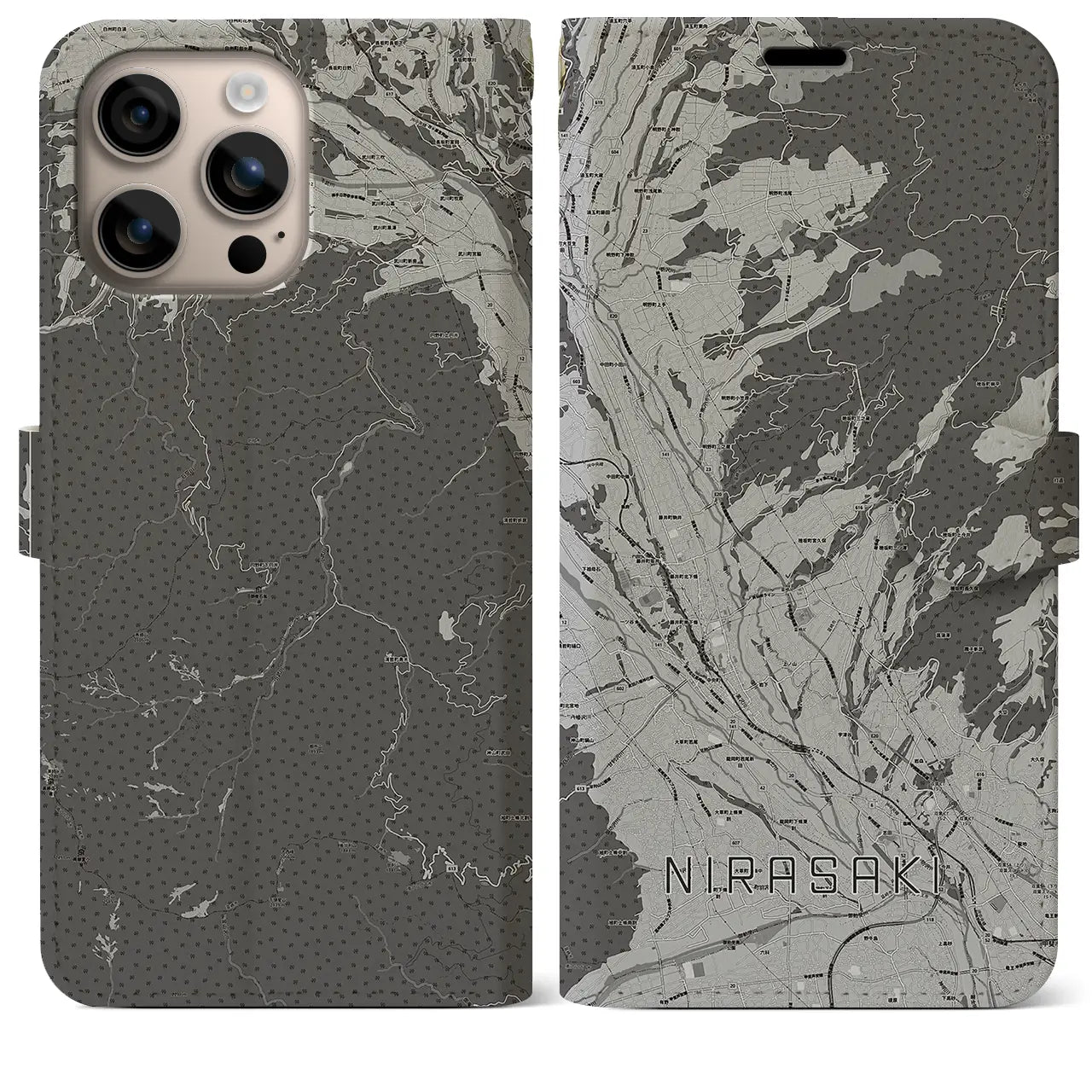 【韮崎(山梨県)】地図柄iPhoneケース(手帳タイプ)モノトーン・iPhone 16 Plus 用