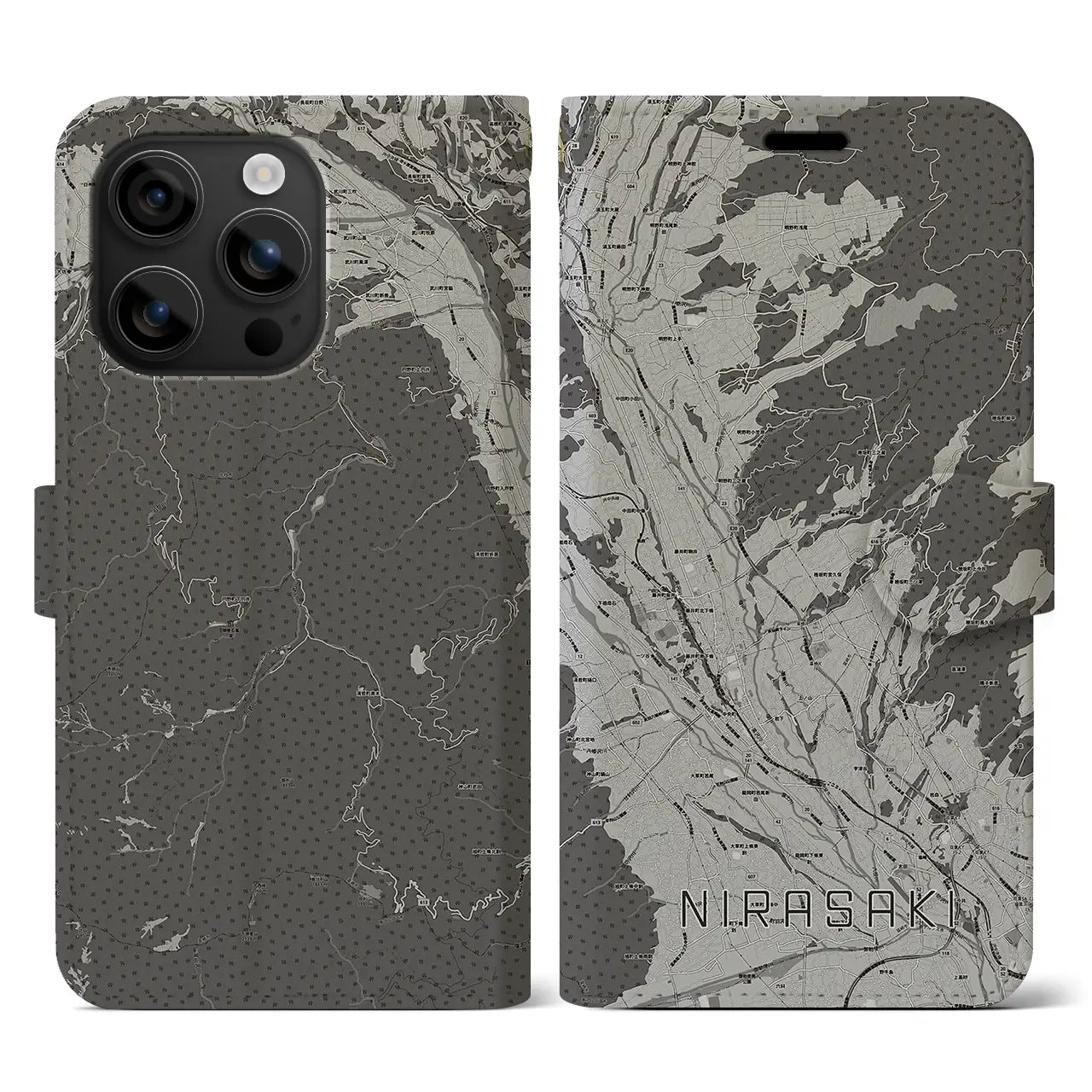 【韮崎(山梨県)】地図柄iPhoneケース(手帳タイプ)モノトーン・iPhone 16 用