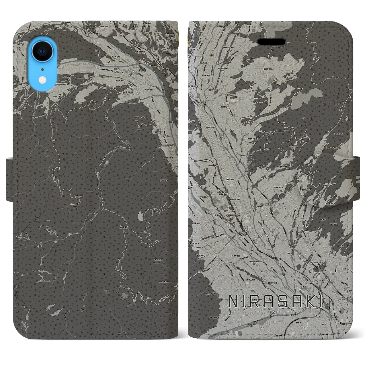 【韮崎(山梨県)】地図柄iPhoneケース(手帳タイプ)モノトーン・iPhone XR 用