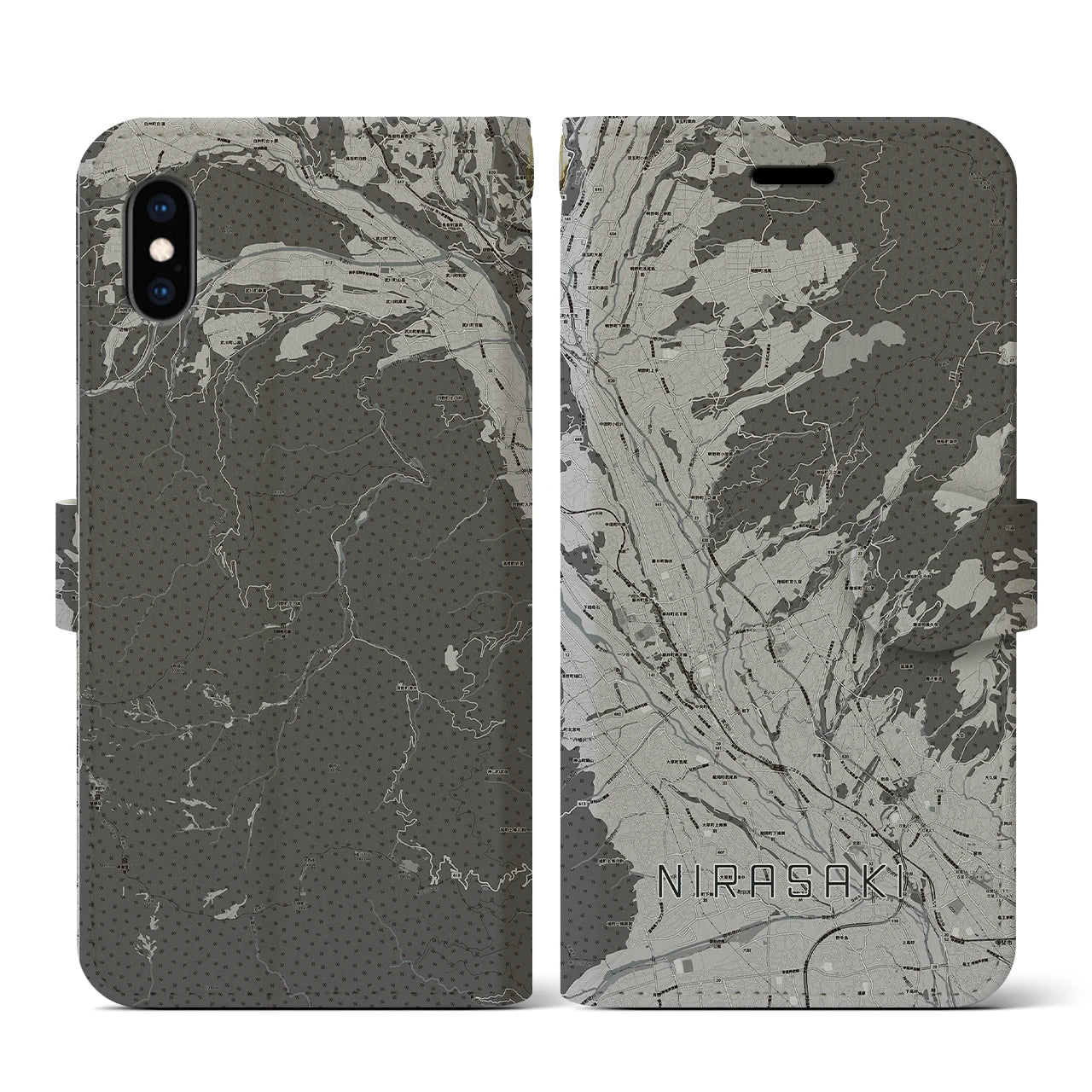 【韮崎(山梨県)】地図柄iPhoneケース(手帳タイプ)モノトーン・iPhone XS / X 用