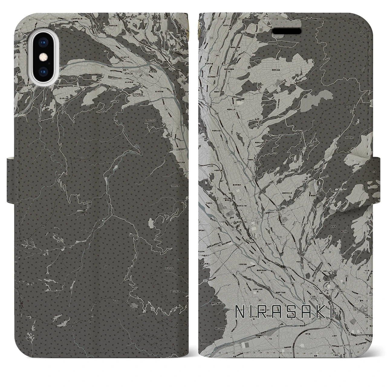 【韮崎(山梨県)】地図柄iPhoneケース(手帳タイプ)モノトーン・iPhone XS Max 用