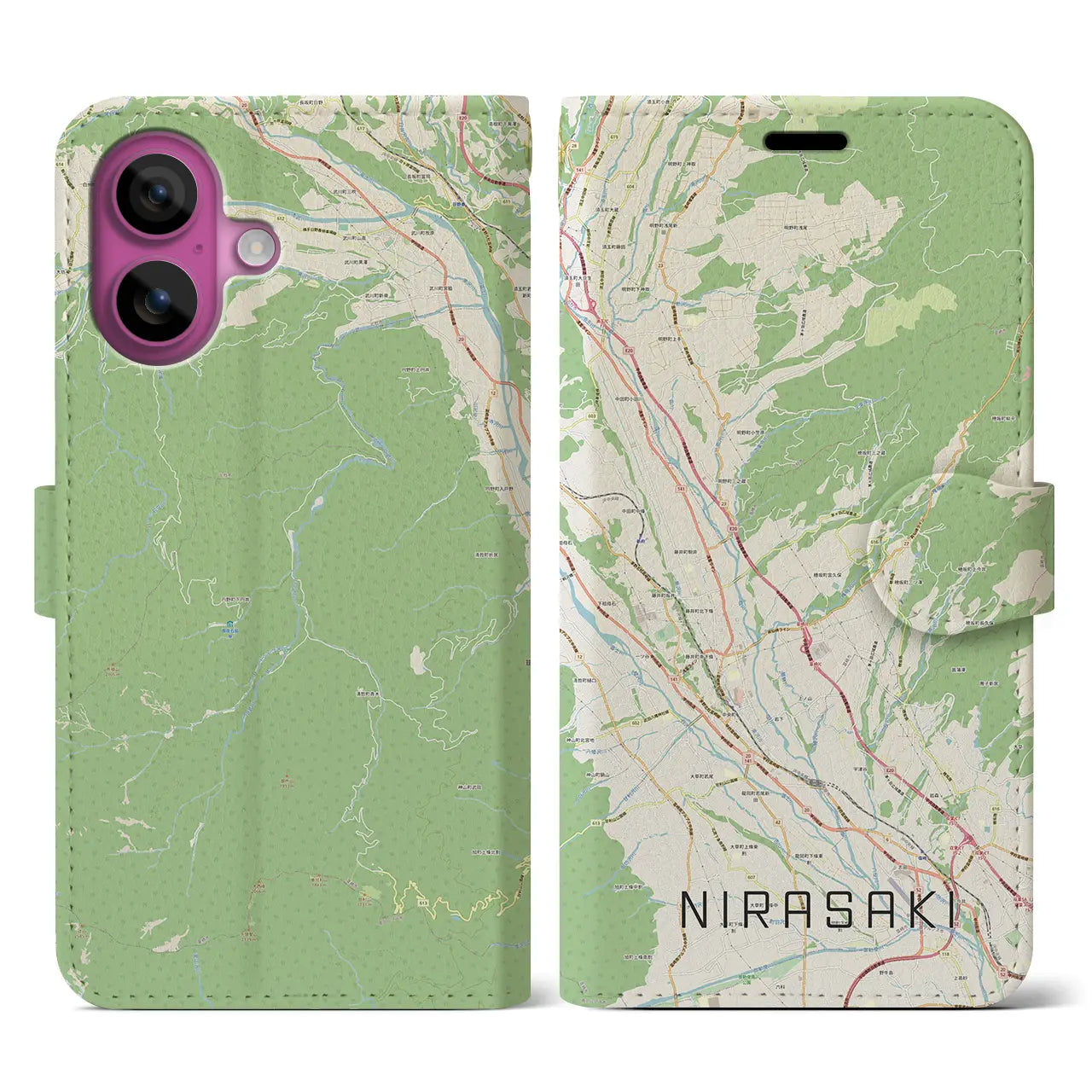 【韮崎(山梨県)】地図柄iPhoneケース(手帳タイプ)ナチュラル・iPhone 16 Pro 用