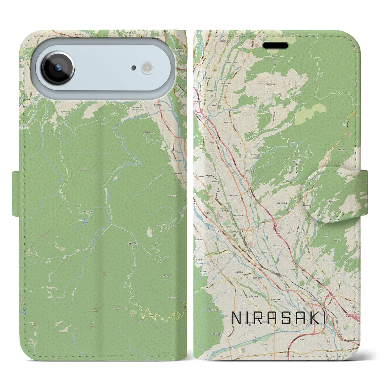 【韮崎(山梨県)】地図柄iPhoneケース(手帳タイプ)ナチュラル・iPhone 17 Pro Max 用