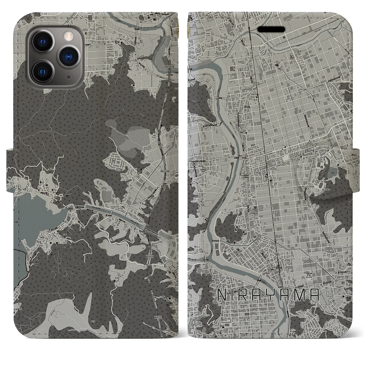 【韮山(静岡県)】地図柄iPhoneケース(手帳タイプ)モノトーン・iPhone 11 Pro Max 用