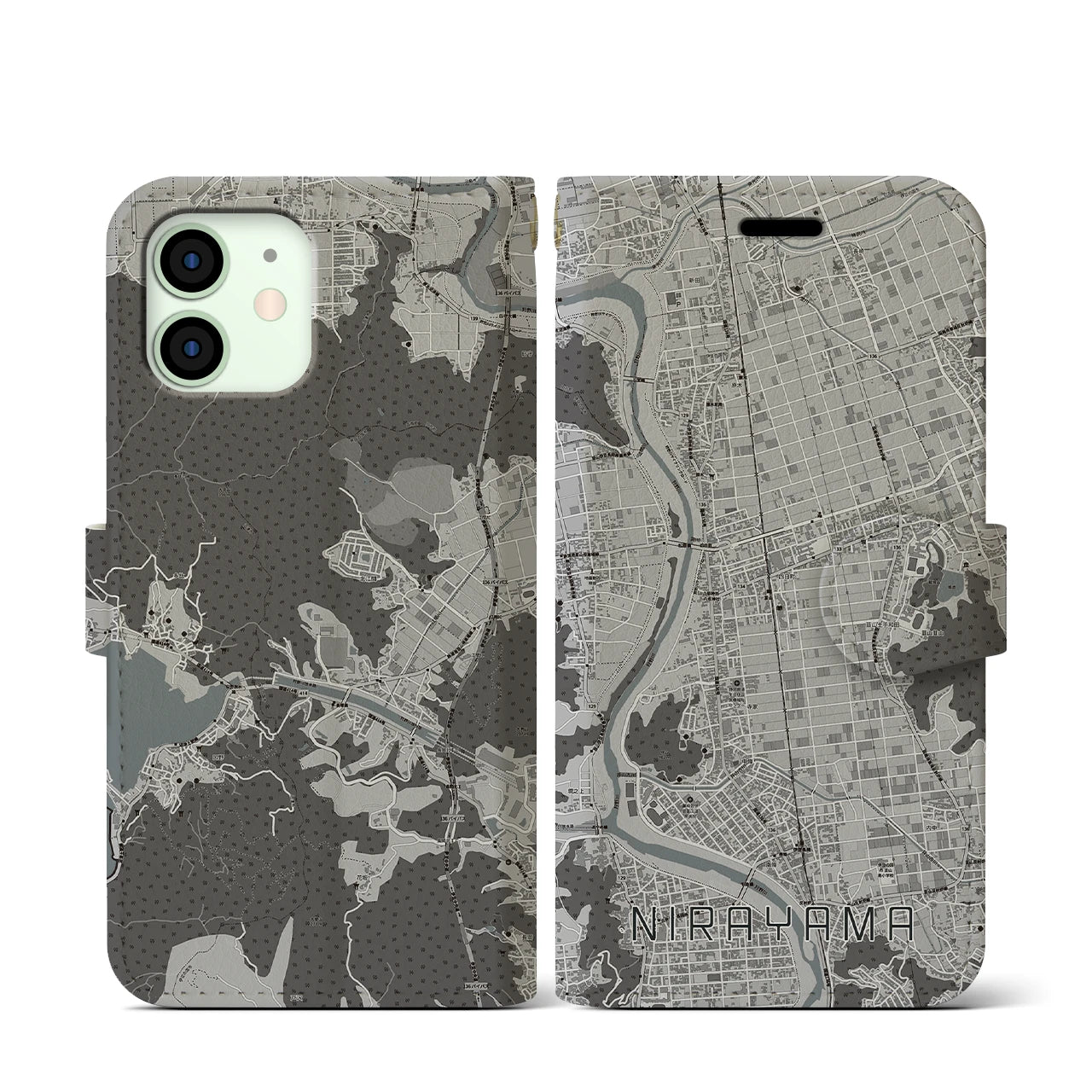 【韮山(静岡県)】地図柄iPhoneケース(手帳タイプ)モノトーン・iPhone 12 mini 用