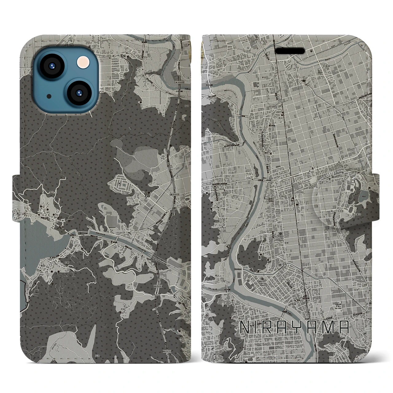 【韮山(静岡県)】地図柄iPhoneケース(手帳タイプ)モノトーン・iPhone 13 用