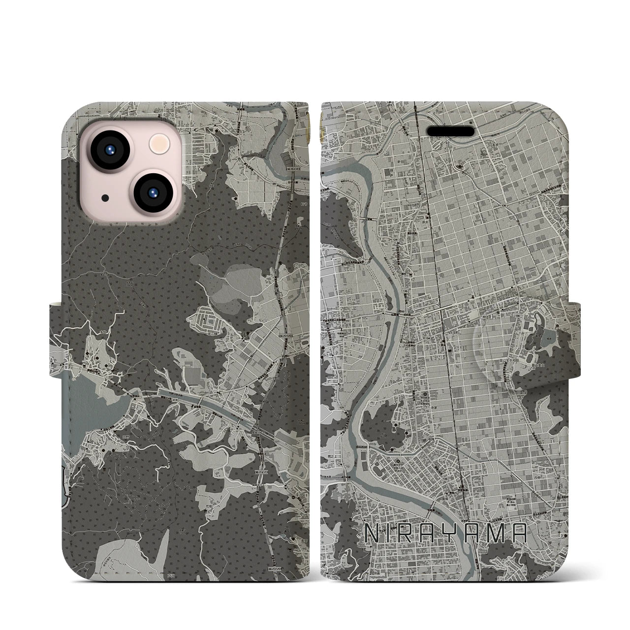 【韮山(静岡県)】地図柄iPhoneケース(手帳タイプ)モノトーン・iPhone 13 mini 用