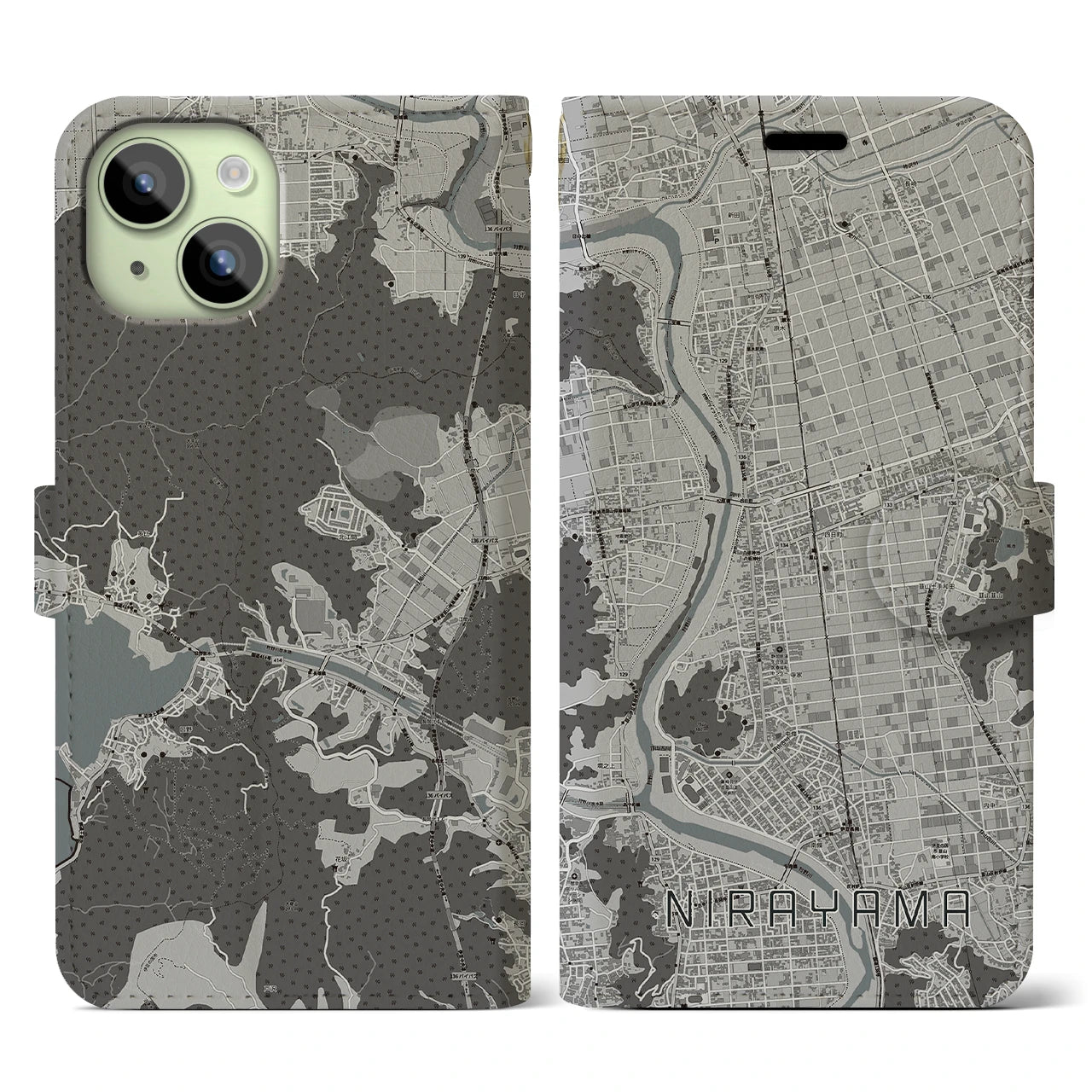 【韮山(静岡県)】地図柄iPhoneケース(手帳タイプ)モノトーン・iPhone 15 用