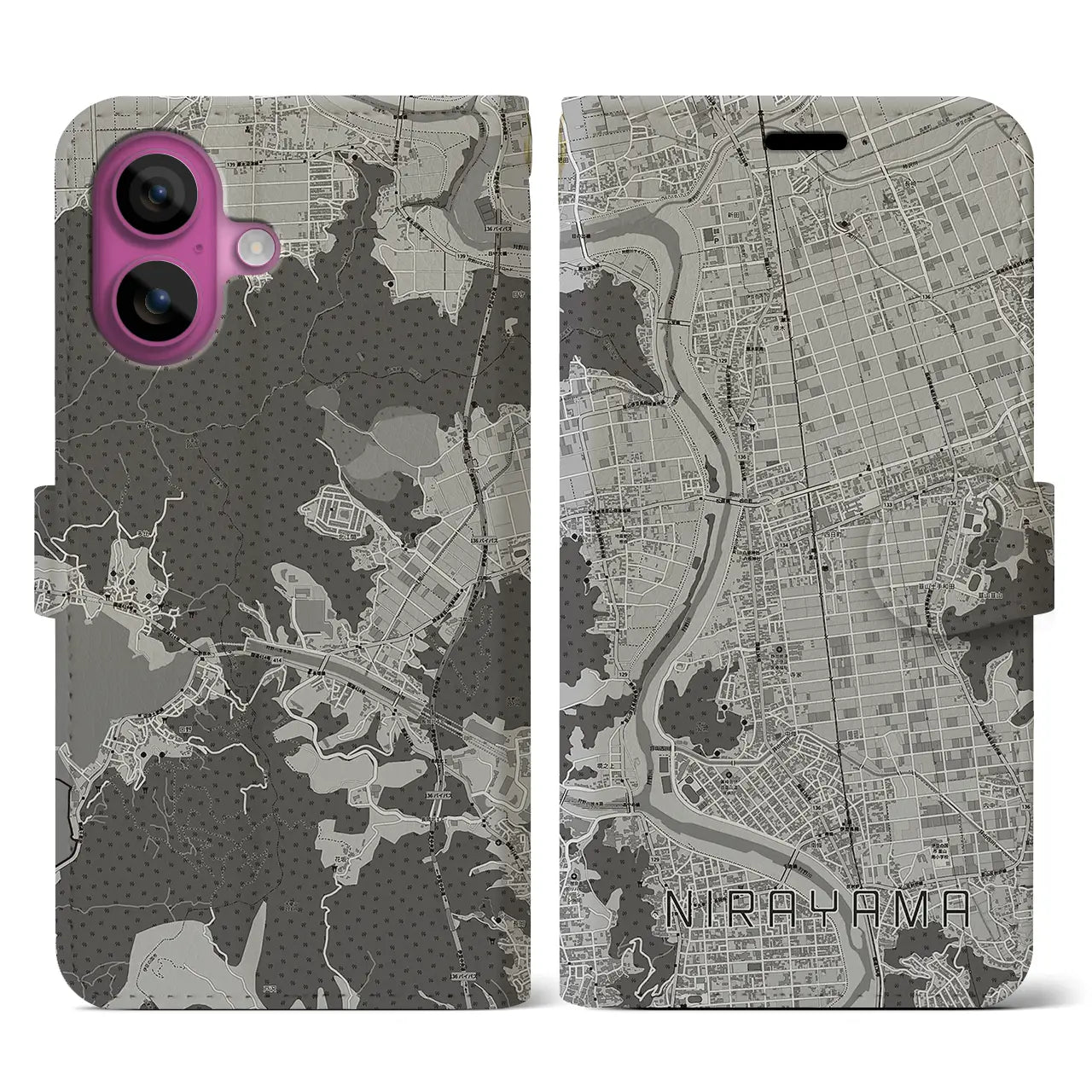 【韮山(静岡県)】地図柄iPhoneケース(手帳タイプ)モノトーン・iPhone 16 Pro 用