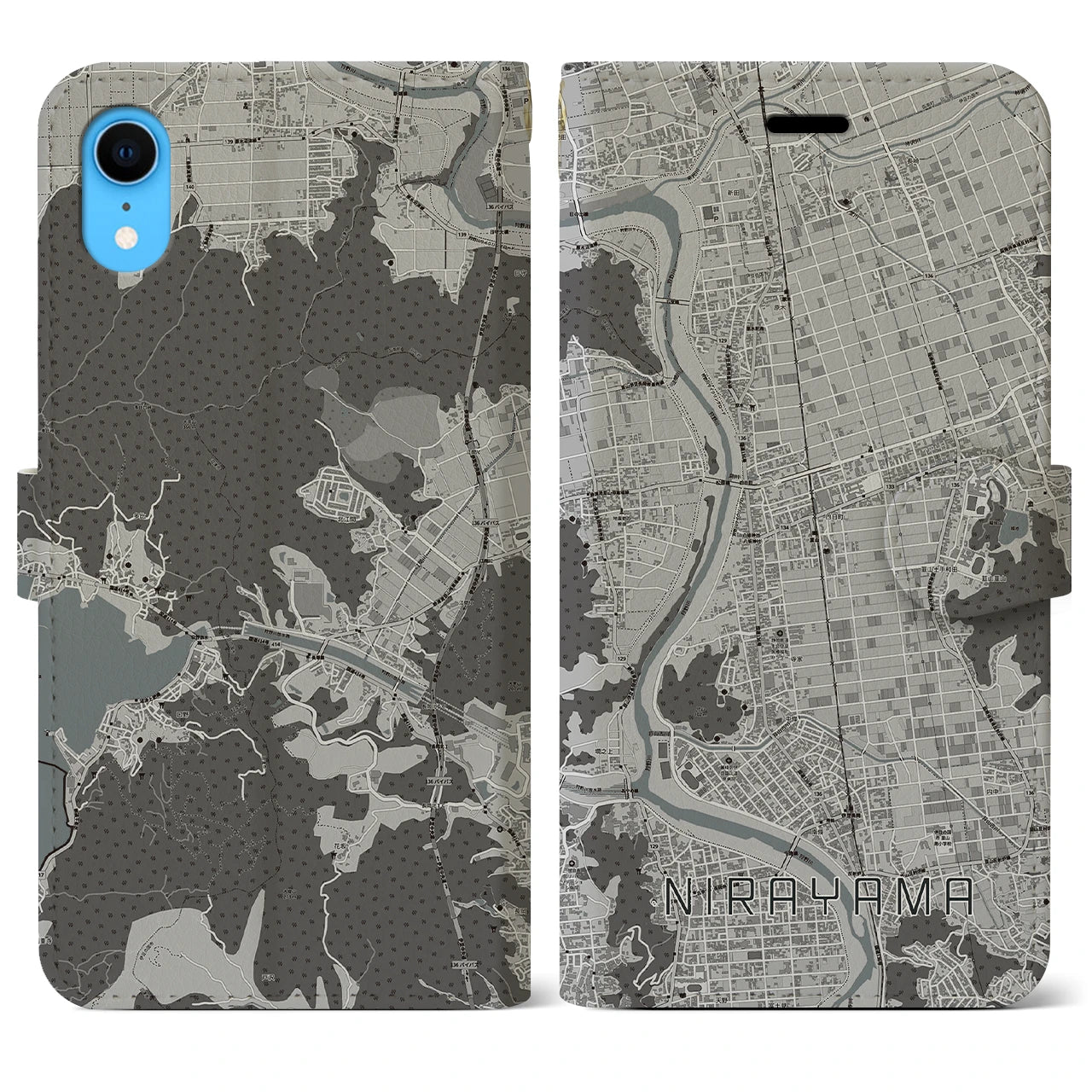 【韮山(静岡県)】地図柄iPhoneケース(手帳タイプ)モノトーン・iPhone XR 用