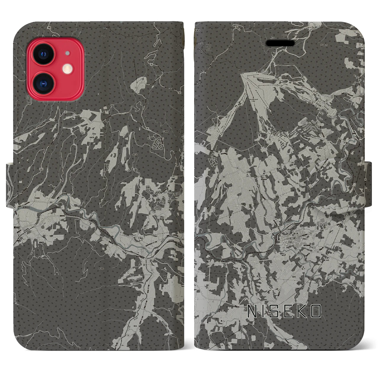 【ニセコ(北海道)】地図柄iPhoneケース(手帳タイプ)モノトーン・iPhone 11 用