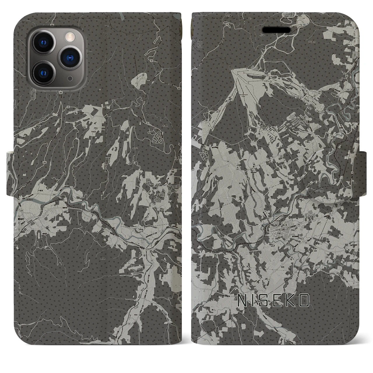 【ニセコ(北海道)】地図柄iPhoneケース(手帳タイプ)モノトーン・iPhone 11 Pro Max 用