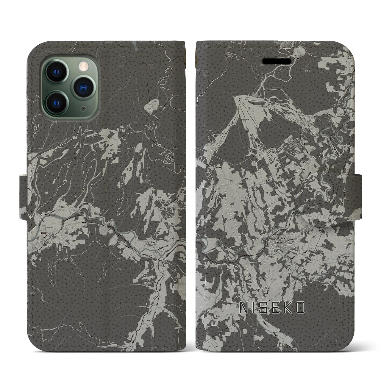 【ニセコ(北海道)】地図柄iPhoneケース(手帳タイプ)モノトーン・iPhone 11 Pro 用