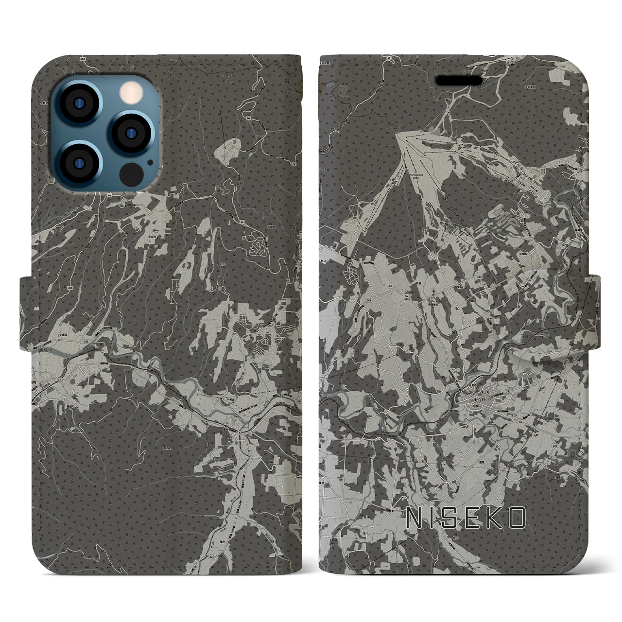 【ニセコ(北海道)】地図柄iPhoneケース(手帳タイプ)モノトーン・iPhone 12 / 12 Pro 用