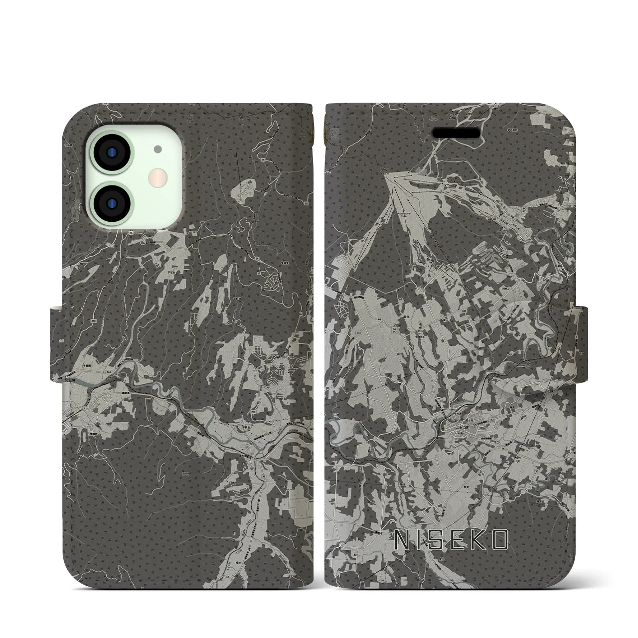 【ニセコ(北海道)】地図柄iPhoneケース(手帳タイプ)モノトーン・iPhone 12 mini 用