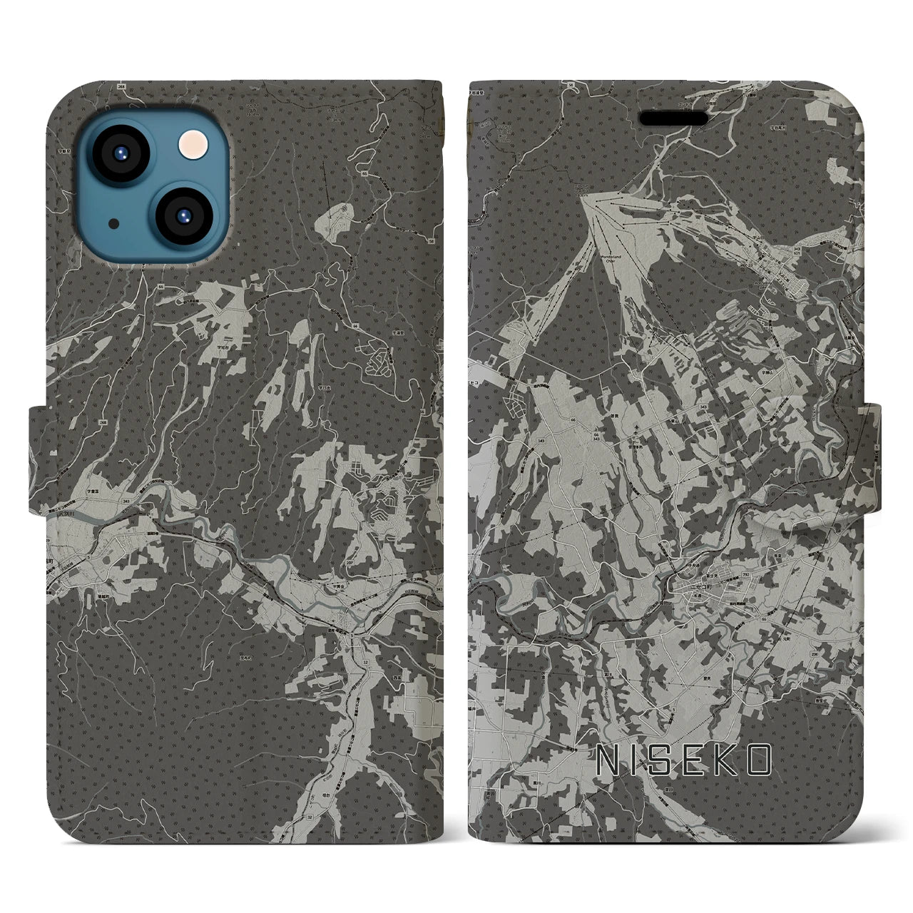 【ニセコ(北海道)】地図柄iPhoneケース(手帳タイプ)モノトーン・iPhone 13 用