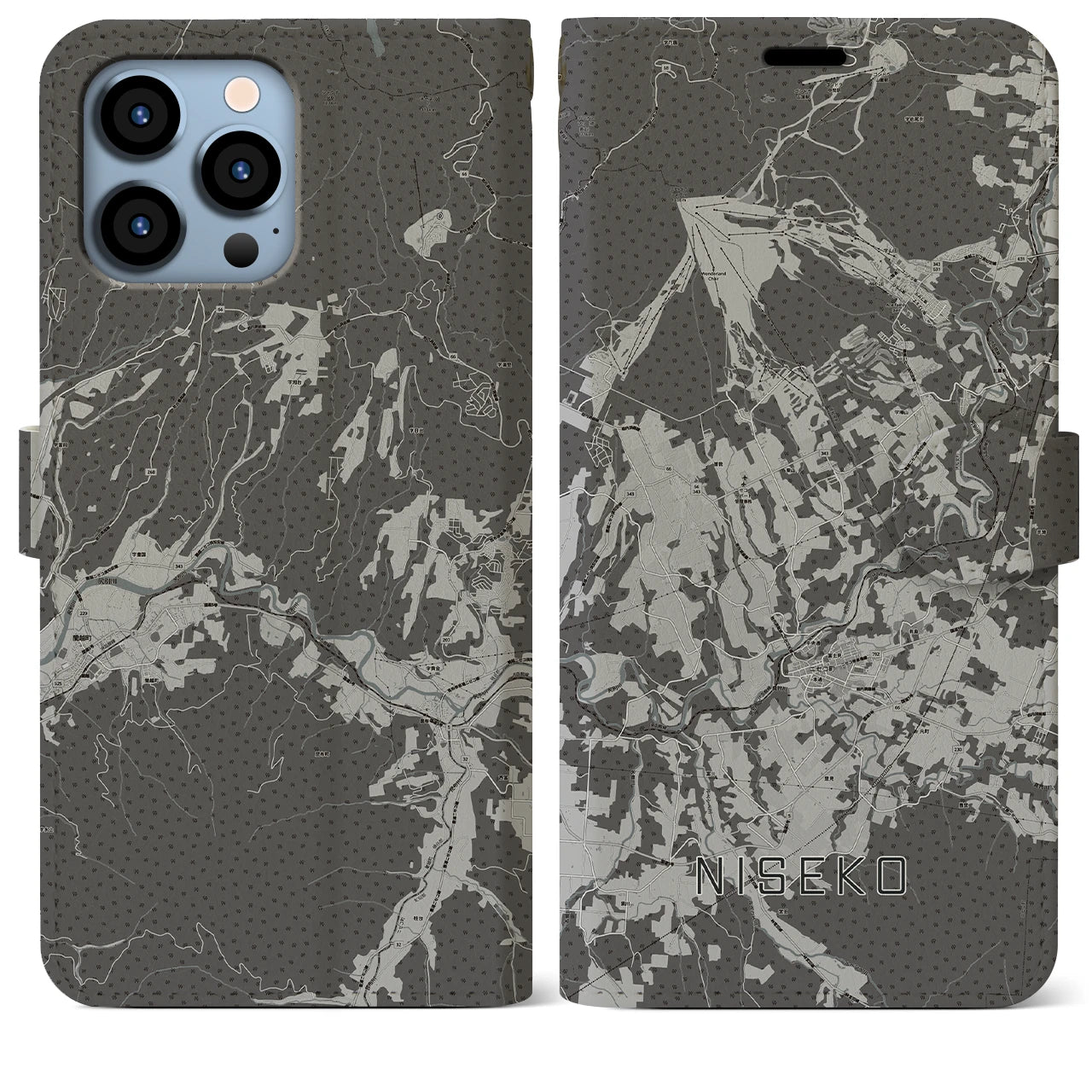 【ニセコ(北海道)】地図柄iPhoneケース(手帳タイプ)モノトーン・iPhone 13 Pro Max 用