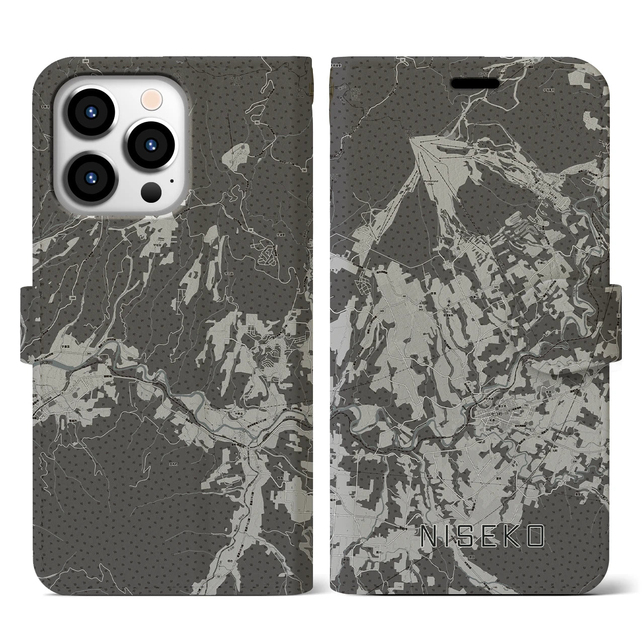 【ニセコ(北海道)】地図柄iPhoneケース(手帳タイプ)モノトーン・iPhone 13 Pro 用