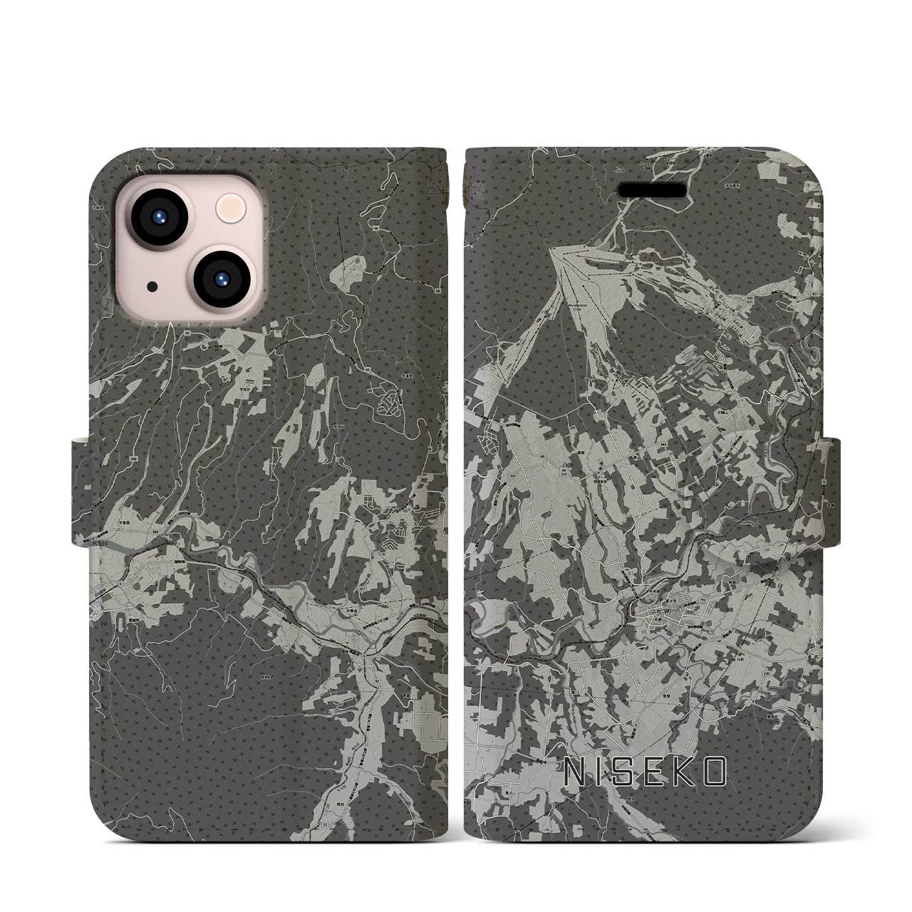 【ニセコ(北海道)】地図柄iPhoneケース(手帳タイプ)モノトーン・iPhone 13 mini 用
