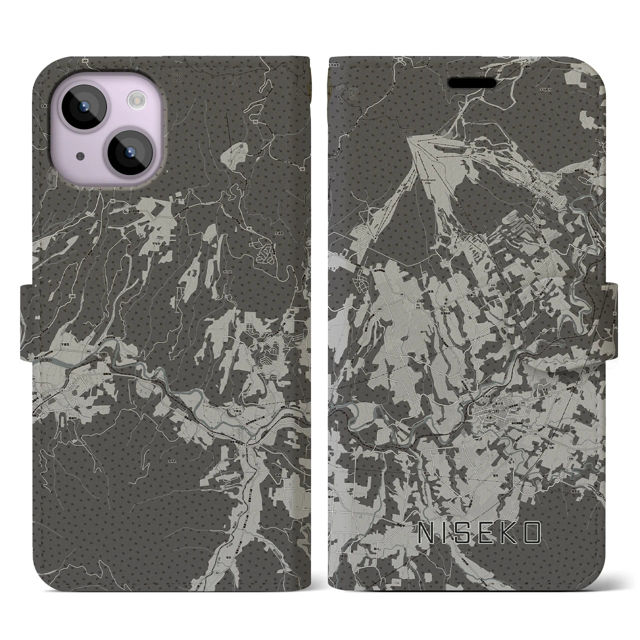 【ニセコ(北海道)】地図柄iPhoneケース(手帳タイプ)モノトーン・iPhone 14 用