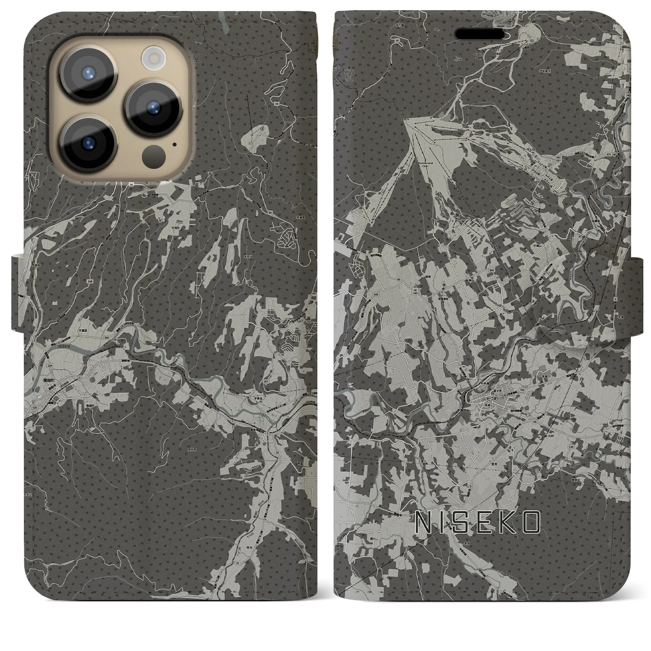 【ニセコ(北海道)】地図柄iPhoneケース(手帳タイプ)モノトーン・iPhone 14 Pro Max 用