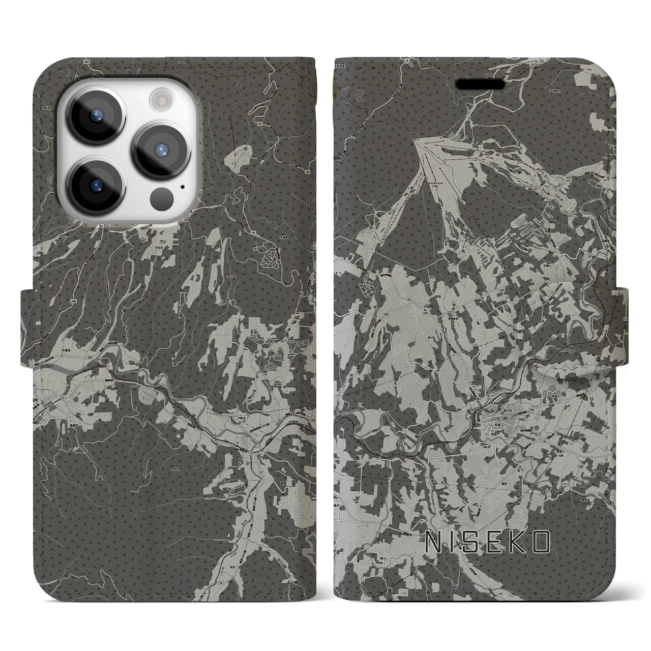【ニセコ(北海道)】地図柄iPhoneケース(手帳タイプ)モノトーン・iPhone 14 Pro 用