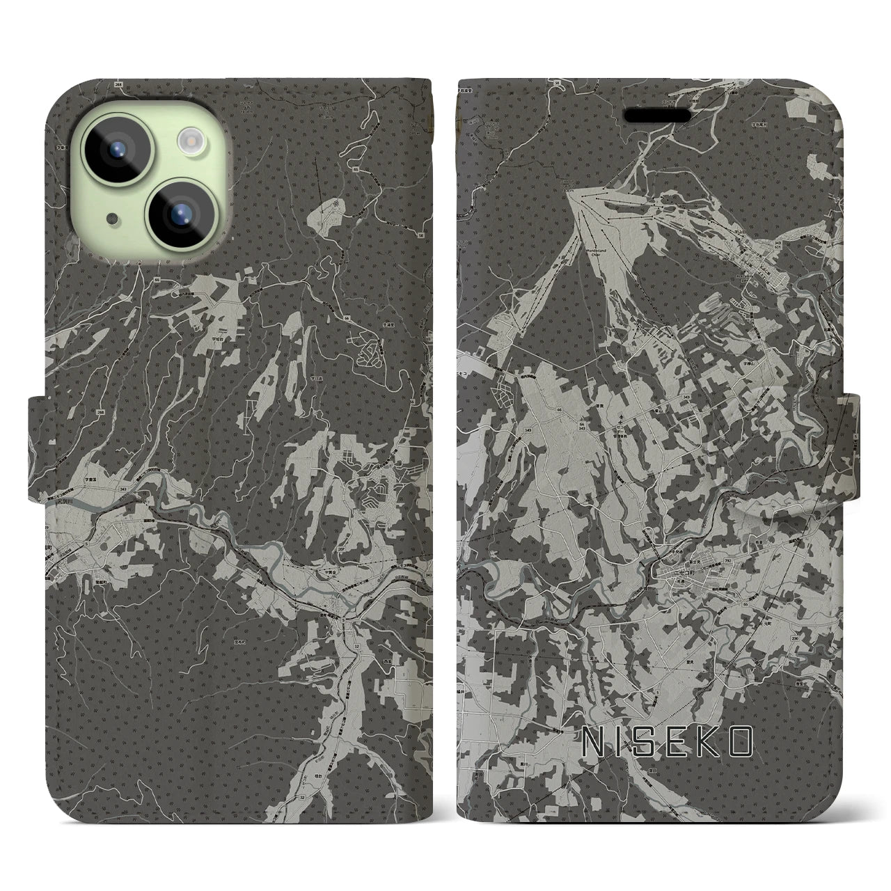 【ニセコ(北海道)】地図柄iPhoneケース(手帳タイプ)モノトーン・iPhone 15 用
