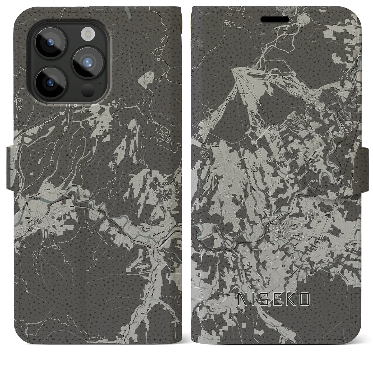 【ニセコ(北海道)】地図柄iPhoneケース(手帳タイプ)モノトーン・iPhone 15 Pro Max 用